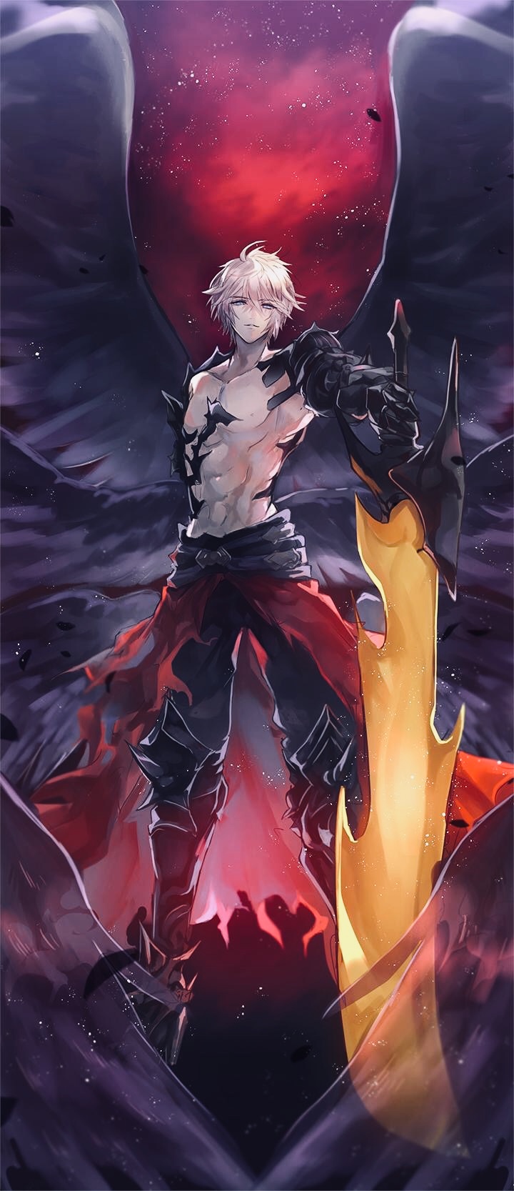 1boy abs armor black_armor black_footwear black_pants black_wings blue_eyes full_body gloves granblue_fantasy greaves highres holding holding_sword holding_weapon jiyo_(3510_tss) looking_at_viewer lucilius_(granblue_fantasy) male_focus pants red_background shirtless smile solo standing sword weapon white_hair wings