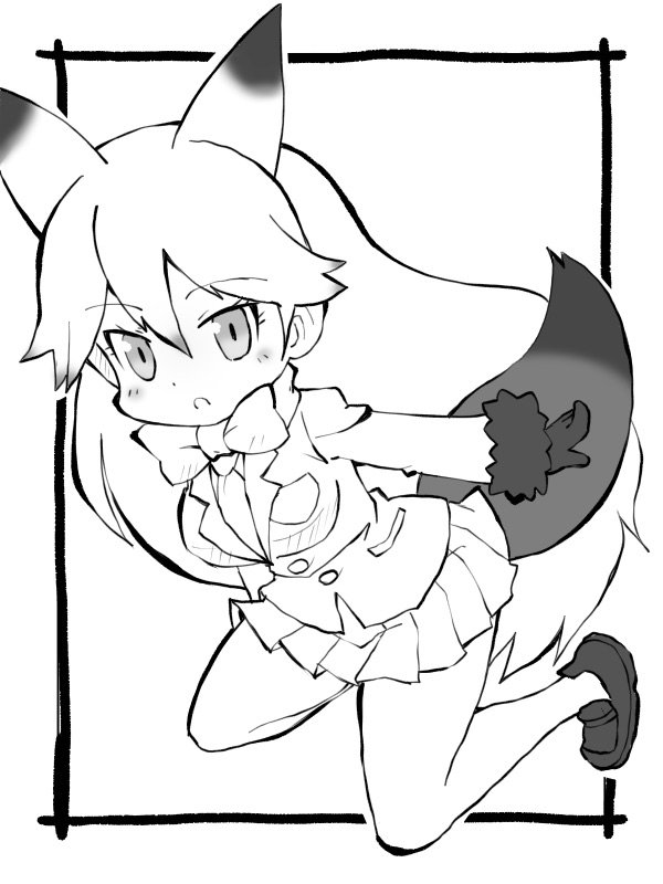 1girl animal_ears bangs black_gloves blush bow bowtie eyebrows_visible_through_hair ezo_red_fox_(kemono_friends) fox_ears fox_tail frame fur_trim gloves greyscale jacket kemono_friends long_hair long_sleeves looking_at_viewer monochrome no_socks open_mouth pleated_skirt shoes simple_background skirt solo tail white_background zubatto_(makoto)