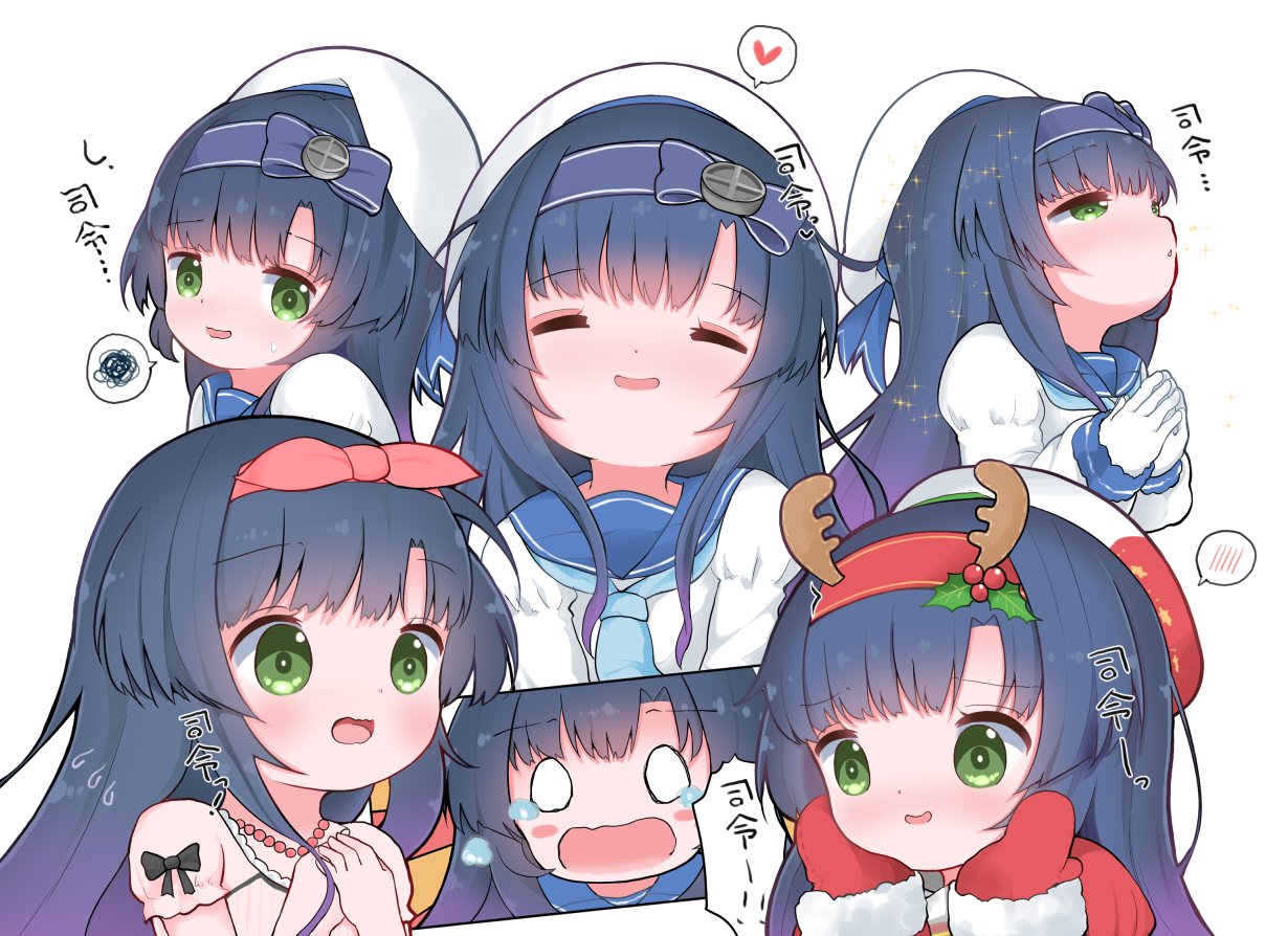 1girl antlers aqua_neckwear bangs beret blue_hair blue_sailor_collar blush closed_eyes dress eyebrows_visible_through_hair flying_sweatdrops fur_trim gloves gradient_hair green_eyes hair_ornament hairband hat heart holly holly_hair_ornament jewelry kantai_collection long_hair long_sleeves matsuwa_(kantai_collection) mittens mugichoko_(mugi_no_choko) multicolored_hair multiple_views necklace o_o open_mouth purple_hair red_mittens sailor_collar sailor_hat school_uniform serafuku short_sleeves simple_background solo sparkle speech_bubble spoken_blush spoken_heart spoken_squiggle squiggle sweat tears translated white_background white_gloves white_headwear