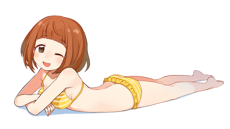 1girl ;d bangs bare_arms bare_back bare_legs barefoot bikini blunt_bangs blush breasts brown_eyes brown_hair butt_crack collarbone crossed_arms eyebrows_visible_through_hair frilled_bikini_bottom frills from_side idolmaster idolmaster_cinderella_girls kitami_yuzu looking_at_viewer lying medium_breasts nose_blush on_stomach one_eye_closed open_mouth short_hair sideboob simple_background smile solo striped striped_bikini striped_swimsuit swimsuit tareme white_background yareru_babaa yellow_bikini