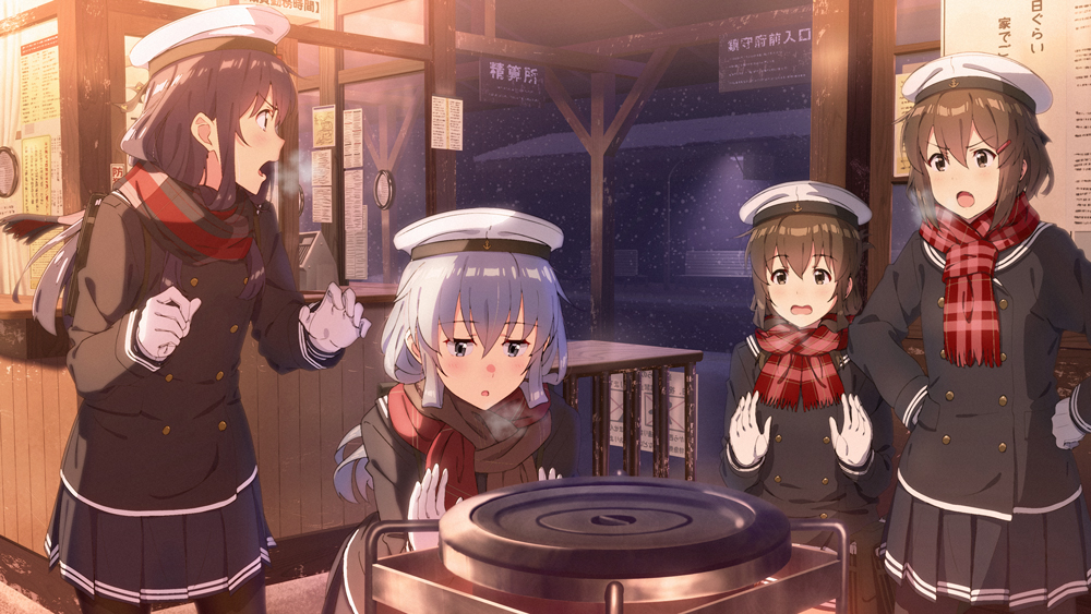 4girls akatsuki_(kantai_collection) alternate_costume black_coat black_hair black_legwear black_skirt blue_eyes brown_eyes brown_hair commentary_request cowboy_shot folded_ponytail gloves hat heater hibiki_(kantai_collection) ikazuchi_(kantai_collection) inazuma_(kantai_collection) indoors kantai_collection key_kun long_hair multiple_girls pantyhose plaid plaid_scarf pleated_skirt red_scarf sailor_hat scarf silver_hair skirt snow white_gloves white_headwear