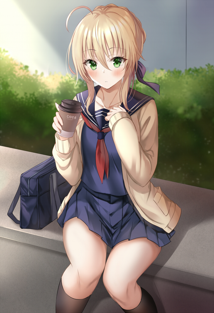 1girl ahoge artoria_pendragon_(all) beige_cardigan blonde_hair blue_shirt blue_skirt blush closed_mouth coffee_cup collarbone cup day disposable_cup eyebrows_visible_through_hair fate/stay_night fate_(series) green_eyes hair_ribbon harimoji holding holding_cup kneehighs long_hair long_sleeves looking_at_viewer outdoors pleated_skirt ribbon saber school_uniform serafuku shirt sidelocks sitting skirt solo thighs