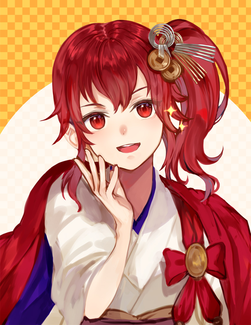 1girl anna_(fire_emblem) bow cape coin coin_hair_ornament commentary_request eyebrows_visible_through_hair fire_emblem fire_emblem_heroes hair_between_eyes hair_ornament japanese_clothes jurge kimono looking_at_viewer new_year obi open_mouth ponytail red_bow red_cape red_eyes redhead sash shiny shiny_hair short_hair side_ponytail smile solo teeth tied_hair white_kimono yukata