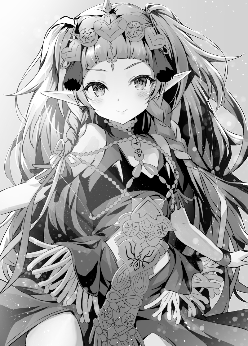 1girl braid closed_mouth dress fire_emblem fire_emblem:_three_houses greyscale hair_ornament long_hair monochrome pointy_ears simple_background smile solo sothis_(fire_emblem) tiara topia twin_braids
