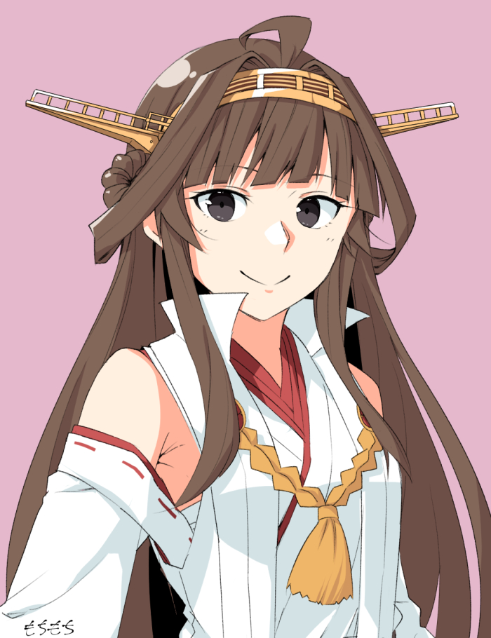 1girl ahoge artist_name brown_hair commentary_request detached_sleeves double_bun hairband headgear japanese_clothes kantai_collection kongou_(kantai_collection) long_hair looking_at_viewer moti_coi pink_background remodel_(kantai_collection) ribbon-trimmed_sleeves ribbon_trim smile solo upper_body