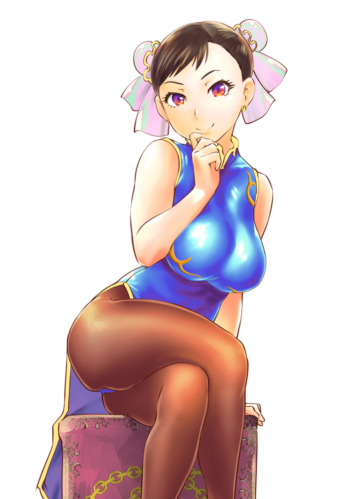 1girl breasts brown_hair bun_cover china_dress chinese_clothes chun-li closed_mouth commentary_request crossed_legs double_bun dress earrings jewelry looking_at_viewer pantyhose short_hair simple_background solo street_fighter ueyama_michirou white_background