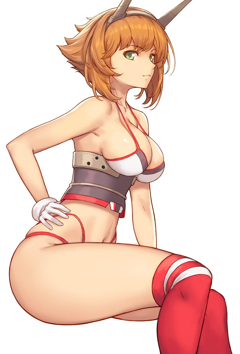 1girl bikini blush breasts brown_hair closed_mouth commentary_request eyebrows_visible_through_hair gloves green_eyes hairband hand_on_hip headgear highres kantai_collection large_breasts looking_at_viewer mutsu_(kantai_collection) navel pantyhose radio_antenna red_legwear revision short_hair simple_background sitting solo swimsuit thigh-highs thighs tsuki_suigetsu white_background white_gloves