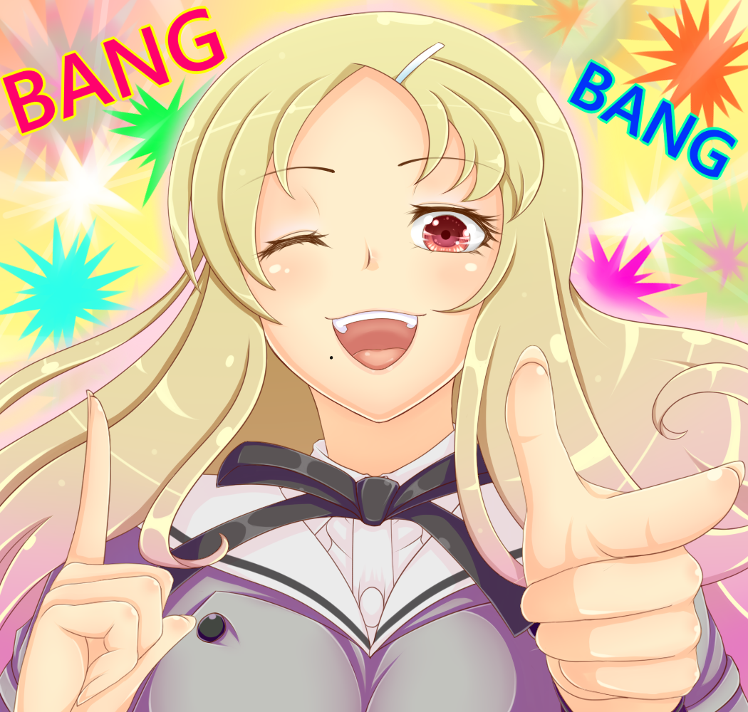 1girl black_ribbon blonde_hair english_text finger_gun fingernails hair_ornament hairclip long_hair mole mole_under_mouth namanama12ruiji one_eye_closed open_mouth pointing pointing_at_viewer red_eyes ribbon school_uniform senran_kagura shiki_(senran_kagura) smile solo teeth upper_body