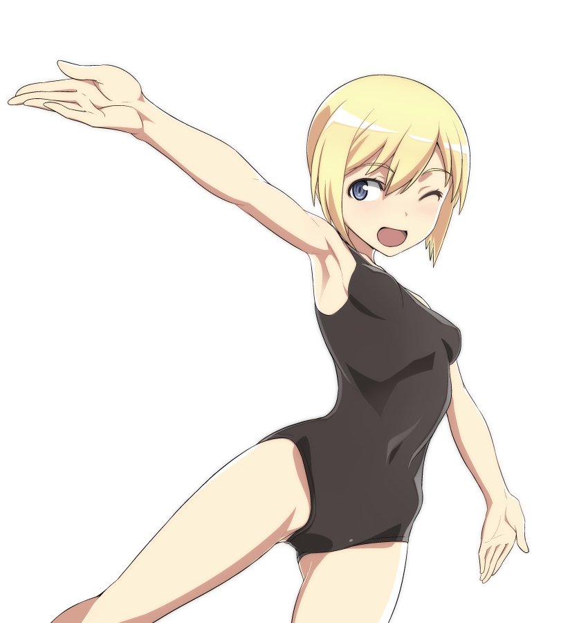 1girl ;d armpits bangs black_swimsuit blonde_hair blue_eyes breasts commentary covered_navel dutch_angle erica_hartmann eyebrows_visible_through_hair looking_at_viewer nanashino one-piece_swimsuit one_eye_closed open_mouth outstretched_arms short_hair simple_background small_breasts smile solo spread_arms standing strike_witches swimsuit white_background world_witches_series