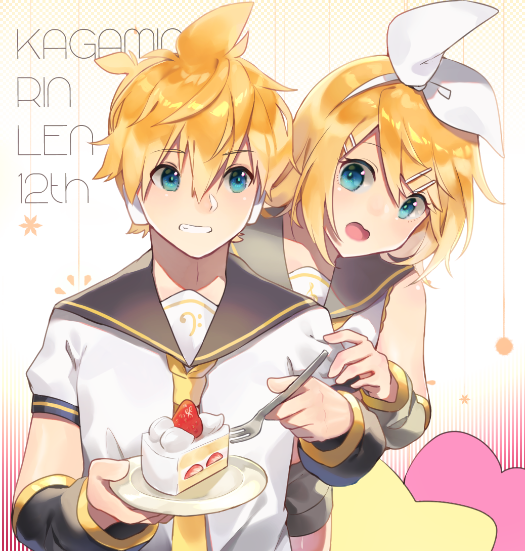 1boy 1girl anniversary bangs bass_clef behind_another blonde_hair blue_eyes bow brother_and_sister cake character_name commentary_request detached_sleeves eyebrows_visible_through_hair food fork fruit grin hair_bow hair_ornament hairclip halftone halftone_background headphones headset heart holding holding_fork kagamine_len kagamine_rin looking_at_another midriff mipi neckerchief necktie open_mouth plate sailor_collar shirt short_hair shorts siblings sleeveless sleeveless_shirt slice_of_cake smile sponge_cake star strawberry strawberry_shortcake treble_clef twins upper_body vocaloid whipped_cream yellow_neckwear