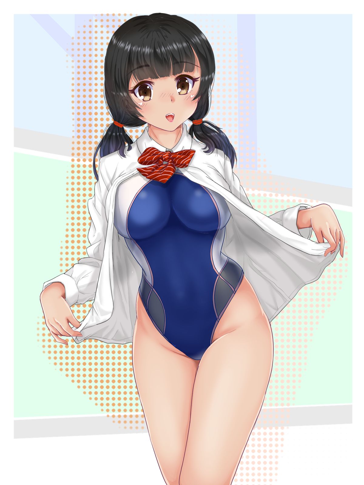1girl black_hair blue_swimsuit breasts brown_eyes commentary_request competition_swimsuit cowboy_shot dress_shirt highleg highleg_leotard highres impossible_clothes impossible_swimsuit large_breasts leaning_forward leotard long_hair looking_at_viewer low_twintails mashinatsu one-piece_swimsuit open_clothes open_shirt original red_neckwear shirt smile solo standing swimsuit swimsuit_under_clothes twintails