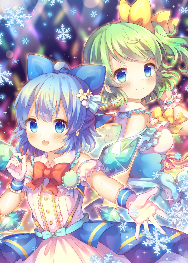 2girls :3 ahoge alternate_costume arms_up back-to-back badge blue_eyes blue_hair blurry blurry_background blush bow bowtie button_badge cirno commentary_request daiyousei depth_of_field detached_sleeves dress eyebrows_visible_through_hair fairy_wings flower glowstick green_hair hair_bow hair_flower hair_ornament idol_clothes looking_at_viewer looking_back multiple_girls open_mouth outstretched_hand overskirt pink_dress pjrmhm_coa puffy_short_sleeves puffy_sleeves red_neckwear short_hair short_sleeves side_ponytail smile snowflakes stage_lights standing touhou upper_body wings wrist_cuffs yellow_neckwear