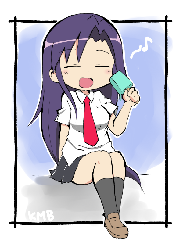 1girl bangs black_legwear blush breasts brown_footwear closed_eyes collared_shirt eyebrows_visible_through_hair food frame full_body goshiki_agiri hand_up holding kill_me_baby long_hair musical_note necktie open_mouth pleated_skirt popsicle purple_hair school_uniform shirt short_sleeves simple_background sitting skirt smile solo white_background white_shirt zubatto_(makoto)