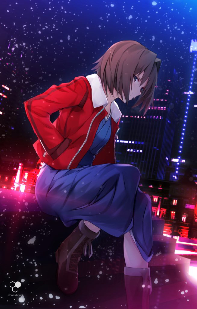 1girl bee_doushi blue_eyes blue_kimono boots brown_footwear brown_hair building collared_jacket commentary_request cross-laced_footwear fate/grand_order fate_(series) hair_intakes hand_in_pocket jacket japanese_clothes kara_no_kyoukai kimono lace-up_boots long_sleeves night night_sky open_clothes open_jacket outdoors red_jacket ryougi_shiki short_hair sitting sky snowing solo watermark