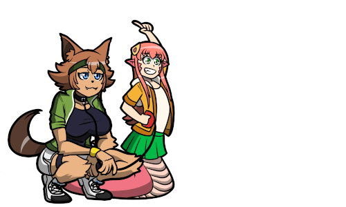 2girls animal_ears animated animated_gif blue_eyes breasts brown_hair collar commentary dog_ears dog_girl dog_tail faceplant green_eyes green_skirt hair_ornament hairclip kobold lamia large_breasts leash long_hair lowres mika_(miiafag) monster_girl monster_musume_no_iru_nichijou multiple_girls pleated_skirt pointy_ears polt redhead shoes simple_background skirt sneakers tail white_background xxjimjamxx