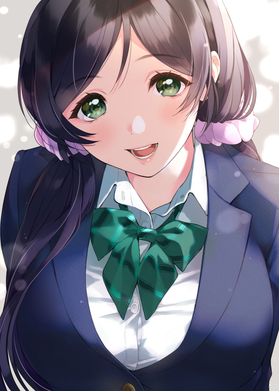 1girl :d blazer blue_jacket blush bow bowtie collared_shirt green_eyes green_neckwear highres jacket kate_iwana long_hair looking_at_viewer love_live! love_live!_school_idol_project low_twintails open_mouth otonokizaka_school_uniform pink_scrunchie purple_hair school_uniform scrunchie shirt smile solo striped striped_neckwear toujou_nozomi twintails upper_body white_shirt