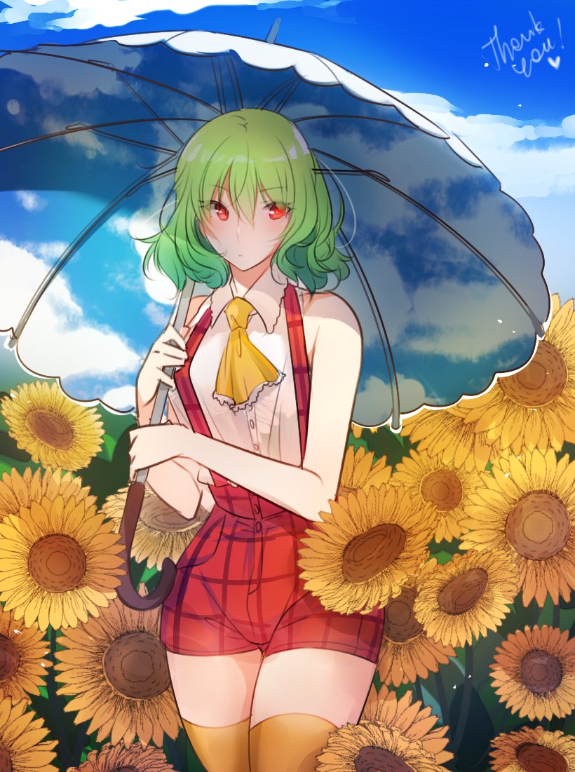 1girl ascot bangs bare_arms bare_shoulders blue_sky blush clouds commentary cowboy_shot day eyebrows_visible_through_hair field flower flower_field green_hair hair_between_eyes holding holding_umbrella kazami_yuuka looking_at_viewer outdoors plaid plaid_shorts plaid_vest red_eyes red_shorts red_vest shirt short_hair short_shorts shorts sky sleeveless sleeveless_shirt solo standing sunflower symbol_commentary thank_you thigh-highs thighs touhou tusia umbrella vest white_shirt yellow_legwear yellow_neckwear