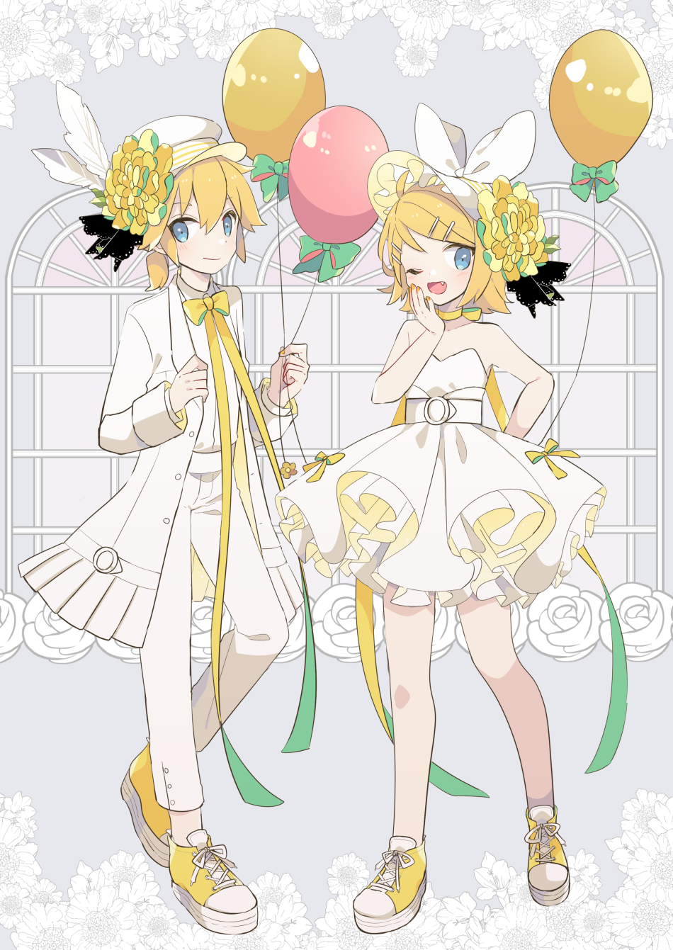 1boy 1girl arm_behind_back balloon bangs blonde_hair blue_eyes bow commentary dress flower full_body hair_bow hair_ornament hairclip hand_on_own_cheek hat hat_feather hat_flower highres holding holding_balloon holding_jacket jacket kagamine_len kagamine_rin layered_dress looking_at_viewer nail_polish neck_ribbon one_eye_closed open_mouth pants ribbon rose shirt shoes short_hair short_ponytail sleeveless sleeveless_dress smile sneakers strapless strapless_dress swept_bangs vocaloid white_bow white_dress white_headwear white_jacket white_pants white_shirt window yellow_footwear yellow_nails yellow_ribbon yoshiki
