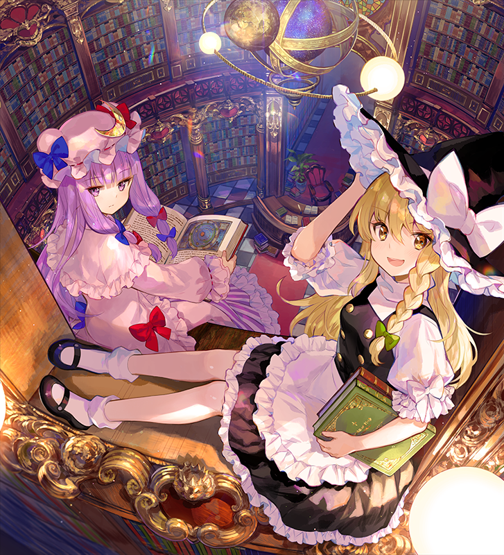 2girls :d apron black_headwear black_skirt blonde_hair blue_bow bobby_socks book bookshelf bow ceiling_light chair closed_mouth commentary_request crescent dress expressionless frilled_dress frilled_shirt frilled_skirt frills fuji_choko hand_up hat holding holding_book kirisame_marisa library long_hair looking_at_viewer mary_janes mob_cap multiple_girls open_book open_mouth patchouli_knowledge purple_hair shirt shoes sitting skirt smile socks table touhou violet_eyes waist_apron white_dress white_legwear white_shirt witch_hat yellow_eyes