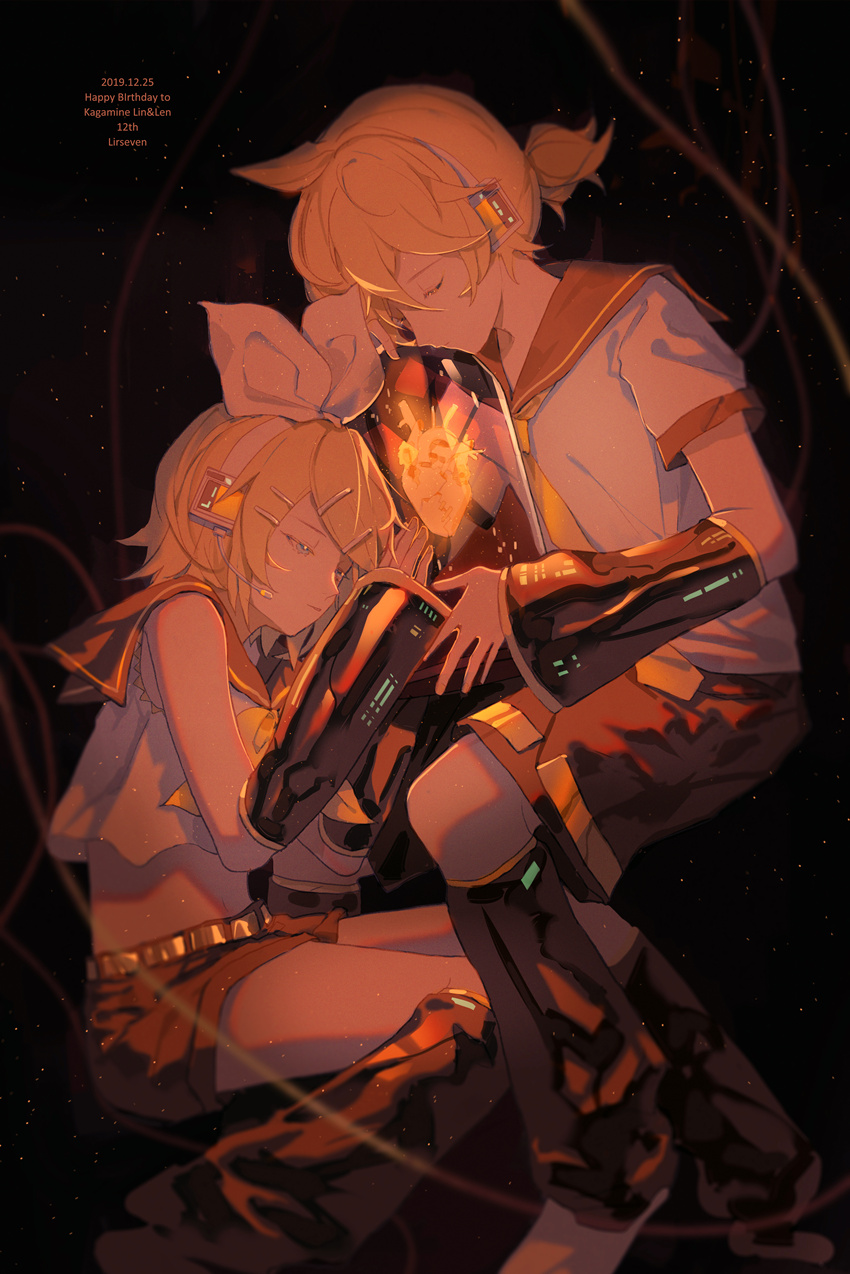 1boy 1girl anniversary arm_warmers artist_name bangs belt blonde_hair blue_eyes character_name closed_eyes commentary_request crop_top crop_top_overhang dark_background dated glowing hair_ornament hair_ribbon hairclip half-closed_eyes happy_birthday headphones headset heart_(organ) highres kagamine_len kagamine_rin leg_warmers light_particles lirseven midriff neckerchief necktie parted_lips ponytail ribbon ribbon-trimmed_shorts ribbon_trim sailor_collar see-through short_hair short_sleeves shorts sleeveless vocaloid yellow_neckwear