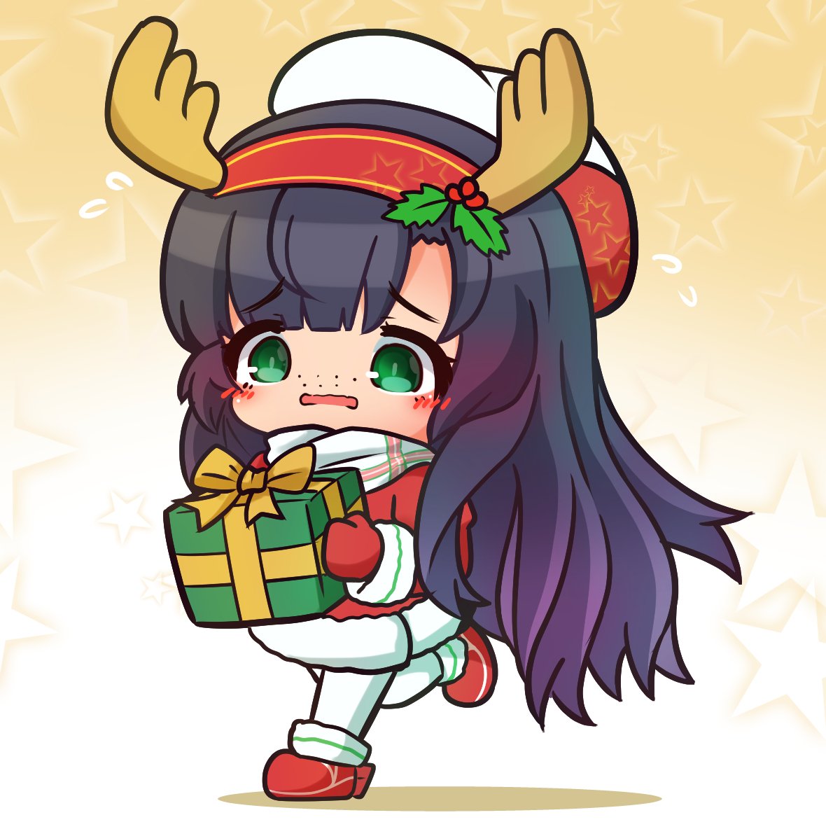 1girl antlers asimo953 black_hair blush boots box chibi dress freckles full_body fur-trimmed_dress fur_trim gift gift_box gradient gradient_background gradient_hair hat kantai_collection long_hair long_sleeves matsuwa_(kantai_collection) mittens multicolored_hair open_mouth pantyhose purple_hair red_dress red_footwear red_mittens reindeer_antlers sailor_hat scarf solo star starry_background tareme wavy_hair white_headwear white_legwear white_scarf yellow_background