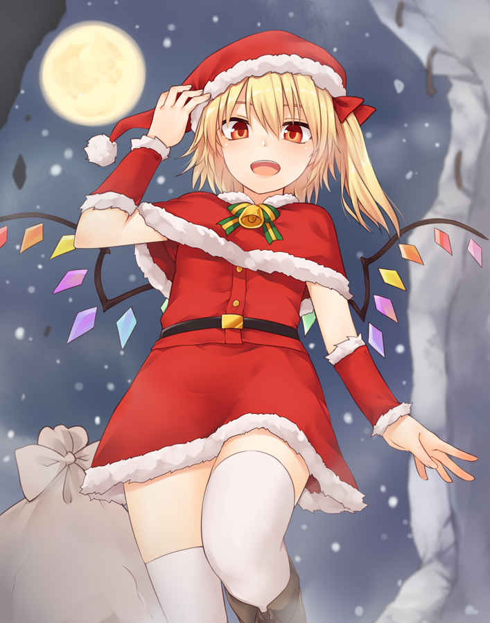 1girl :d alternate_costume bangs bell belt black_belt blonde_hair blush boots bow bowtie brown_footwear capelet commentary_request cowboy_shot crystal dress flandre_scarlet full_moon fur-trimmed_capelet fur_trim hair_bow hand_up hat looking_at_viewer miyo_(ranthath) moon night night_sky one_side_up open_mouth pom_pom_(clothes) red_bow red_capelet red_dress red_eyes red_headwear sack santa_costume santa_hat short_dress short_hair sky smile snowing solo standing thigh-highs thighs touhou white_legwear wings wrist_cuffs zettai_ryouiki