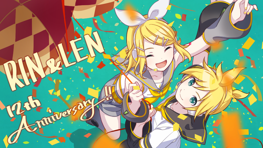 1boy 1girl anniversary aqua_background aqua_eyes bangs bare_shoulders bass_clef black_collar blonde_hair bow character_name closed_eyes closed_mouth collar commentary confetti crop_top from_above hair_bow hair_ornament hairclip hand_up headphones headset holding holding_ribbon ixima kagamine_len kagamine_rin kneeling leaning_forward leg_warmers looking_at_viewer looking_up nail_polish neckerchief necktie open_mouth outstretched_arm party_popper pulling ribbon sailor_collar school_uniform shirt short_hair short_ponytail short_shorts short_sleeves shorts shoulder_tattoo smile spiky_hair swept_bangs tattoo treble_clef vocaloid white_bow white_shirt yellow_nails yellow_neckwear