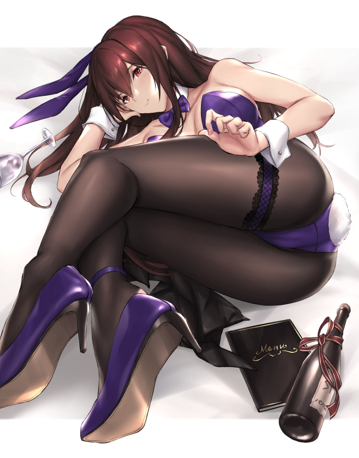 1girl animal_ears bottle bow bowtie breasts bunny_girl bunny_tail bunnysuit cup detached_collar drinking_glass fake_tail fate/grand_order fate_(series) hair_intakes high_heels large_breasts long_hair lying menu on_side pantyhose parfaitlate purple_hair rabbit_ears red_eyes scathach_(fate)_(all) scathach_(fate/grand_order) smile solo tail wine_bottle wine_glass wrist_cuffs