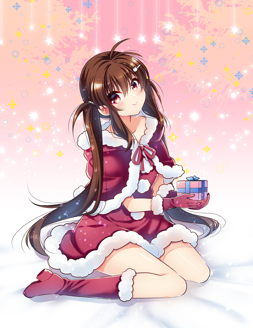 1girl blush boots box brown_eyes brown_hair capelet commentary dress eyebrows_visible_through_hair fur-trimmed_boots fur-trimmed_capelet fur-trimmed_dress fur-trimmed_gloves fur_trim gift gift_box gloves hair_between_eyes hano_haruka holding holding_gift long_hair looking_at_viewer original red_capelet red_dress red_footwear red_gloves santa_costume sitting smile solo twintails very_long_hair wariza