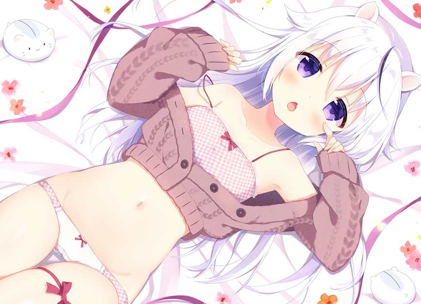 1girl :o animal_ears aoi_yun arm_up armpits bare_shoulders bed_sheet bra brown_jacket buttons collarbone crop_top cropped_jacket crotch_seam hand_up jacket long_hair long_sleeves looking_at_viewer lying navel off_shoulder on_back open_mouth original panties pink_bra red_ribbon ribbon skindentation solo stomach strap_slip underwear violet_eyes white_hair white_panties