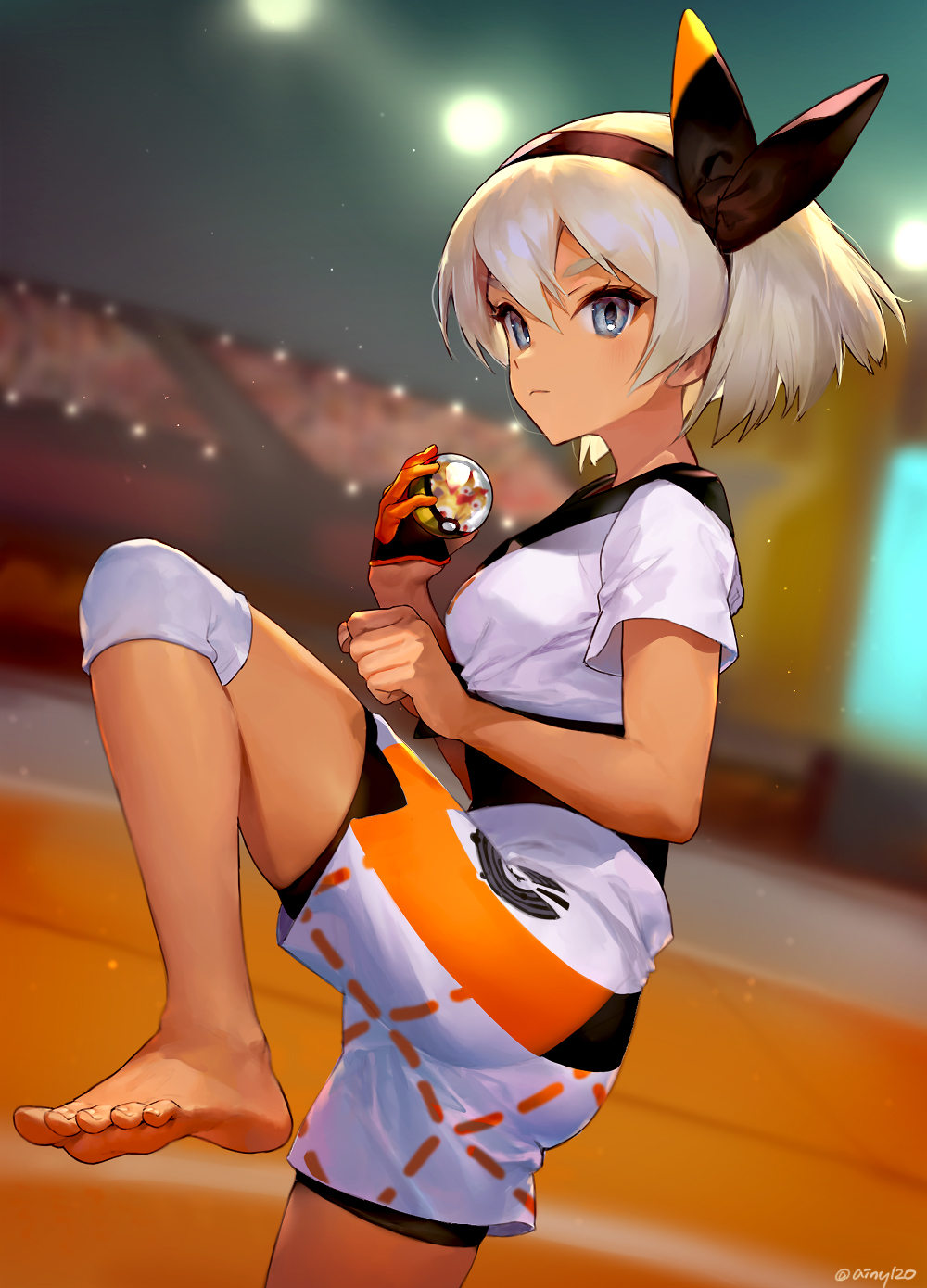 1girl ainy77 artist_name ass bangs barefoot black_bodysuit black_hairband black_ribbon blue_eyes blurry blurry_background bodysuit bodysuit_under_clothes breasts clenched_hand commentary_request cowboy_shot crop_top depth_of_field feet fingerless_gloves gloves hair_between_eyes hair_ribbon hairband highres holding knee_pads leg_up poke_ball pokemon pokemon_(game) pokemon_swsh ribbon saitou_(pokemon) shirt short_hair short_sleeves shorts silver_hair single_glove small_breasts solo stadium standing standing_on_one_leg thighs twitter_username white_shirt white_shorts