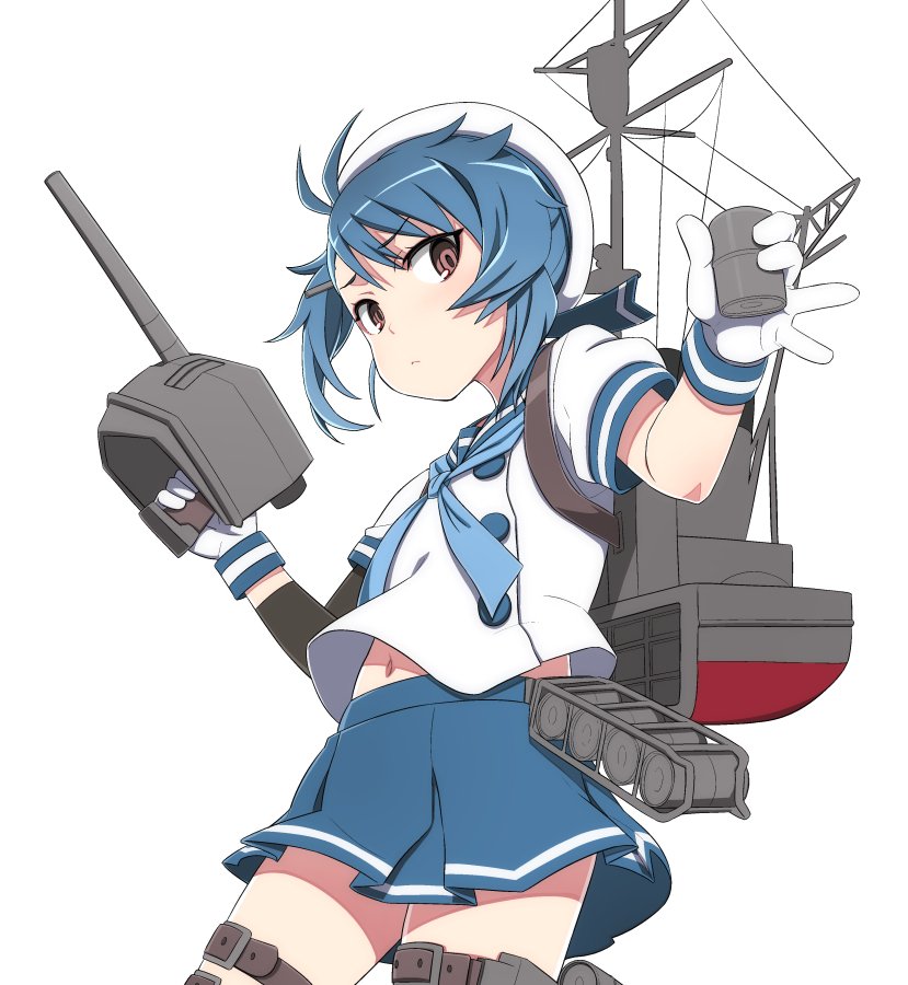 1girl bangs blouse blue_hair blue_neckwear blue_skirt brown_eyes closed_mouth commentary cowboy_shot cup frown fukae_(kantai_collection) gloves gradient_hair hat holding holding_cup holding_weapon kantai_collection looking_at_viewer miniskirt multicolored_hair nanashino navel neckerchief pleated_skirt rigging sailor_collar sailor_hat school_uniform serafuku short_hair short_sleeves simple_background single_arm_warmer single_horizontal_stripe skirt solo standing thigh_strap weapon white_background white_blouse white_gloves white_headwear