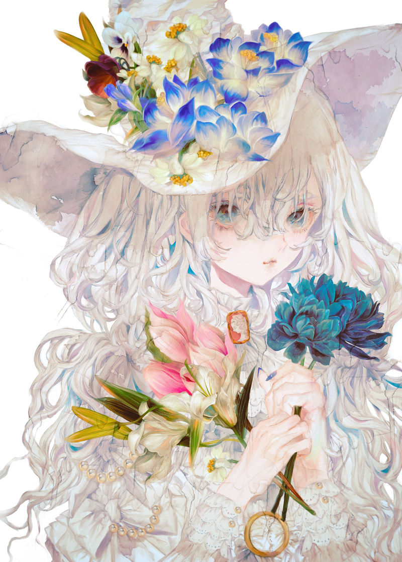 1girl blue_eyes blue_flower blue_nails bow closed_mouth fingernails flower frills hair_between_eyes hat holding holding_flower long_hair original pearl_(gemstone) pink_flower red_flower sharp_fingernails simple_background solo torn_clothes upper_body white_background white_bow white_flower white_hair white_headwear witch_hat yellow_flower yogisya