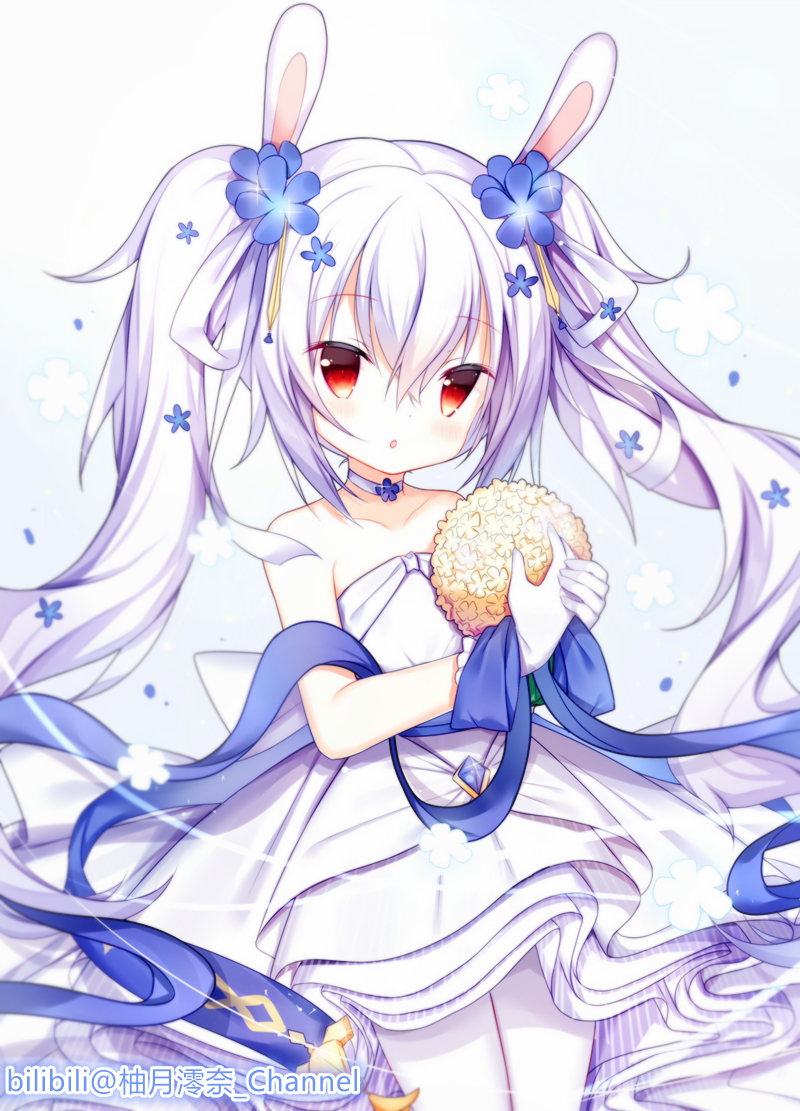 1girl animal_ears azur_lane bangs blue_flower blush bouquet chestnut_mouth dress eyebrows_visible_through_hair flower gloves hair_between_eyes hair_flower hair_ornament hair_ribbon holding holding_bouquet laffey_(azur_lane) laffey_(white_rabbit's_oath)_(azur_lane) long_hair pantyhose parted_lips rabbit_ears red_eyes ribbon sidelocks solo strapless strapless_dress tengxiang_lingnai twintails very_long_hair white_dress white_gloves white_hair white_legwear white_ribbon yellow_flower