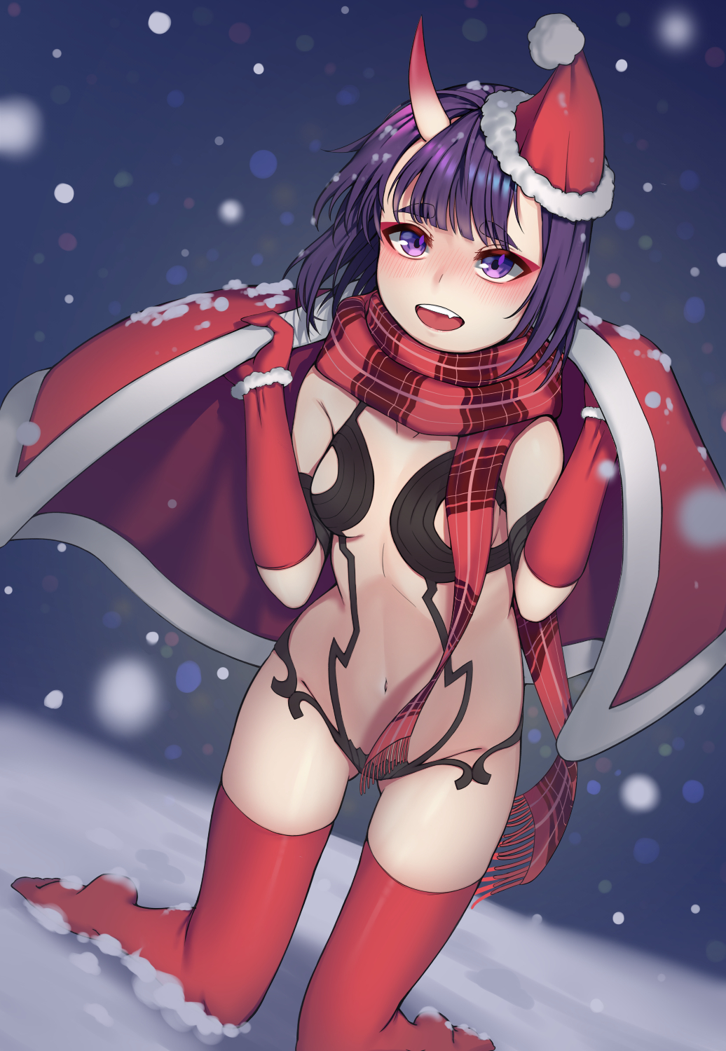 1girl bob_cut christmas eyeliner fate/grand_order fate_(series) fur-trimmed_hat gloves hat highres horns kngr418 makeup oni oni_horns purple_hair red_gloves red_headwear red_legwear red_scarf revealing_clothes santa_costume santa_hat scarf short_hair shuten_douji_(fate/grand_order) skin-covered_horns snow solo thigh-highs violet_eyes winter