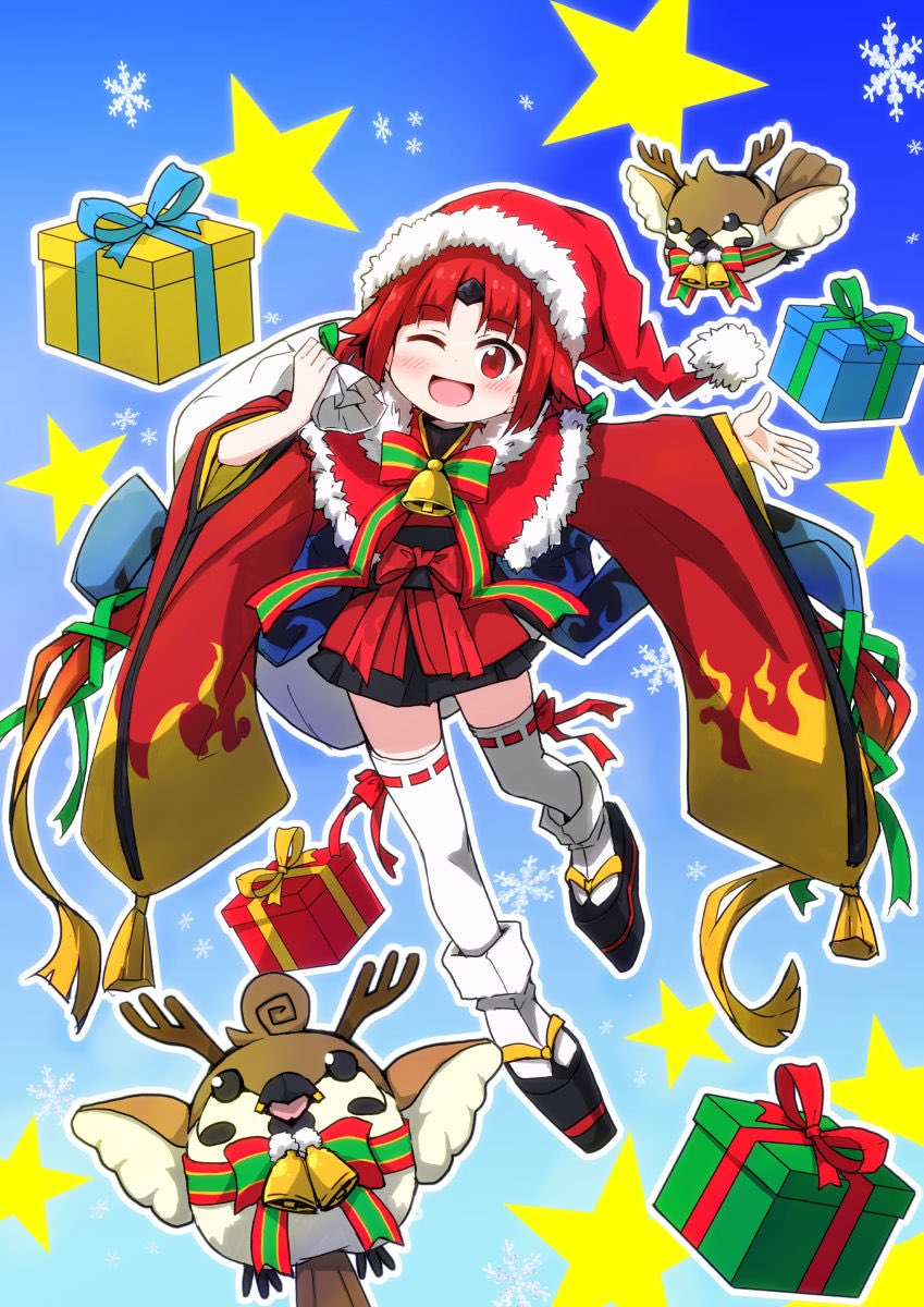 1girl antlers benienma_(fate/grand_order) bird fate/grand_order fate_(series) gift hat highres one_eye_closed platform_footwear red_eyes redhead santa_hat shiraha_(orega-gandamud) snowflakes sparrow star starry_background thigh-highs wide_sleeves