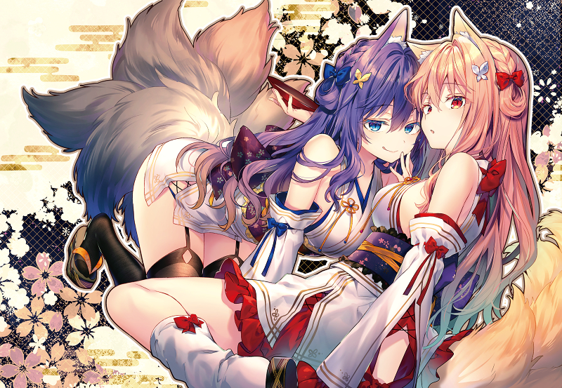 2girls :q all_fours animal_ears bare_shoulders black_legwear blue_eyes blue_hair breasts detached_sleeves fox_ears fox_girl fox_tail garter_straps japanese_clothes kimono kitsune large_breasts long_hair long_sleeves looking_at_viewer luanastia_fluegel multiple_girls multiple_tails obi original panties panty_peek parted_lips pink_hair red_eyes rianastia_flugel riichu sash smile tail thigh-highs thighs tongue tongue_out underwear white_kimono white_legwear zouri