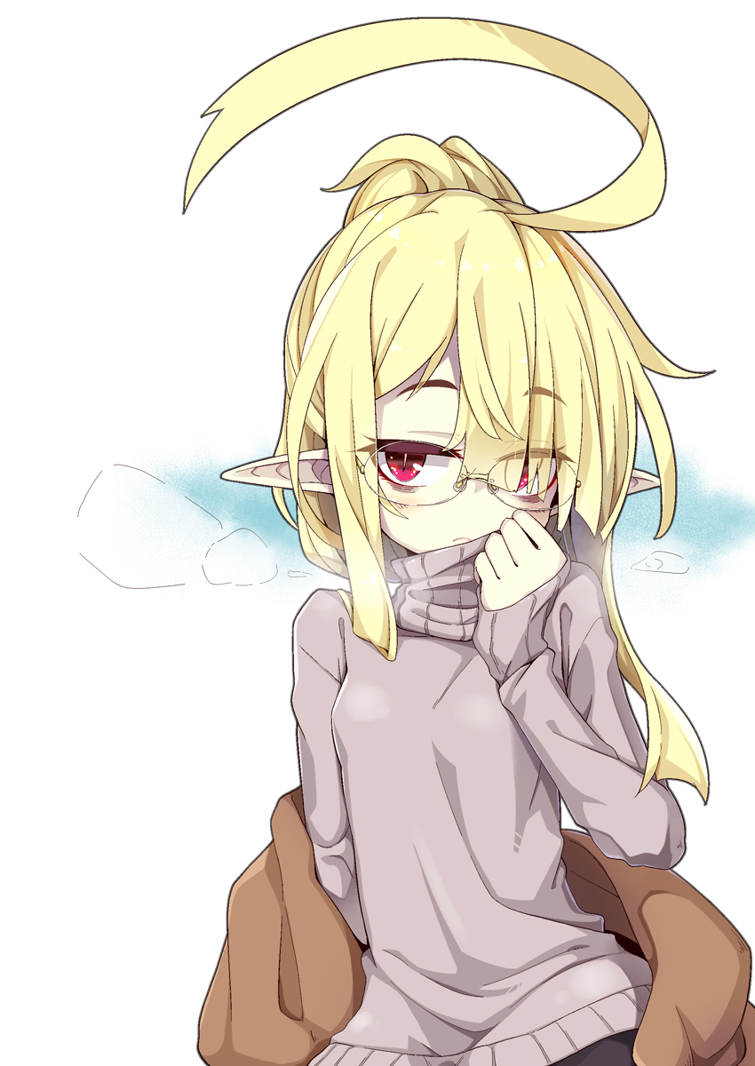 1girl ahoge bangs blonde_hair blush closed_mouth commentary_request eyebrows_visible_through_hair eyes_visible_through_hair glasses hair_bun hair_over_one_eye half-closed_eyes highres huge_ahoge long_hair long_sleeves looking_at_viewer ogami_kazuki original pink_eyes pointy_ears purple_sweater rimless_eyewear slit_pupils solo sweater turtleneck turtleneck_sweater upper_body