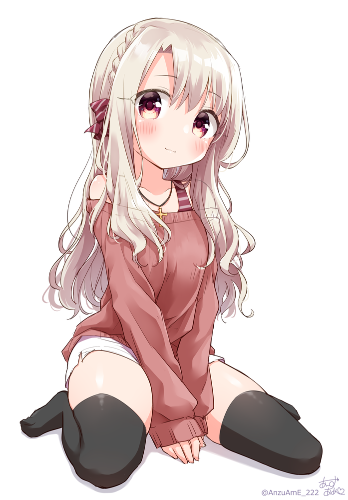 1girl bangs bare_shoulders black_legwear blonde_hair blush bow braid breasts clown_222 collarbone commentary_request eyebrows_visible_through_hair fate/kaleid_liner_prisma_illya fate_(series) grey_hair hair_bow illyasviel_von_einzbern jewelry long_hair looking_at_viewer necklace red_bow red_eyes red_sweater shorts simple_background small_breasts smile solo sweater thigh-highs white_background white_shorts