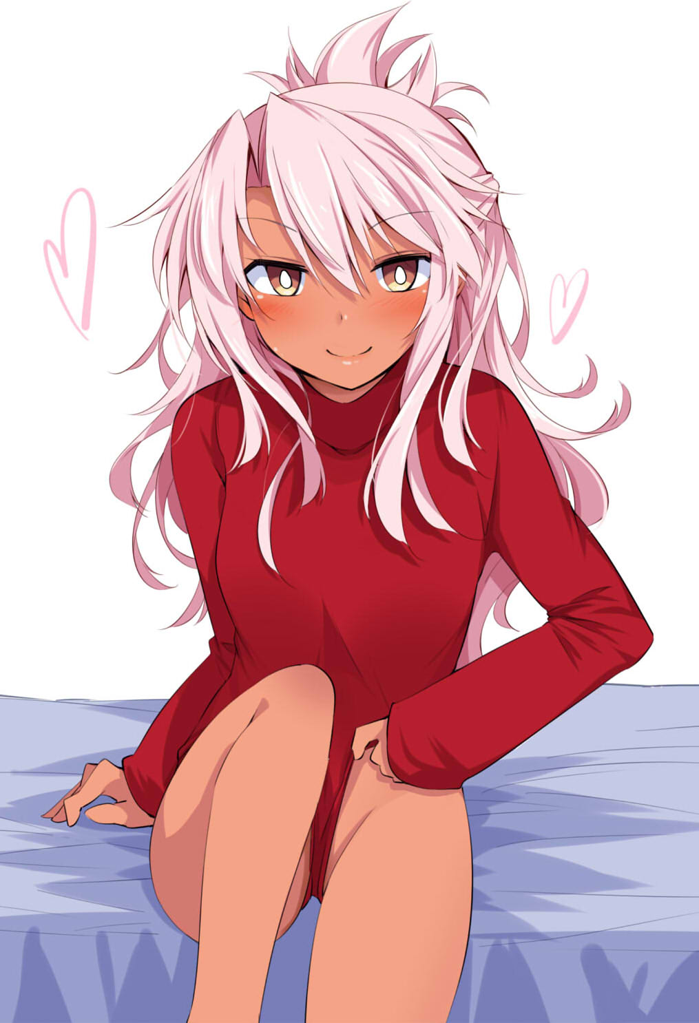1girl alternate_costume bare_legs blush breasts chata_maru_(irori_sabou) chloe_von_einzbern commentary_request dark_skin eyebrows_visible_through_hair fate/grand_order fate_(series) feet_out_of_frame heart highres long_hair looking_at_viewer pink_hair sitting small_breasts smile solo