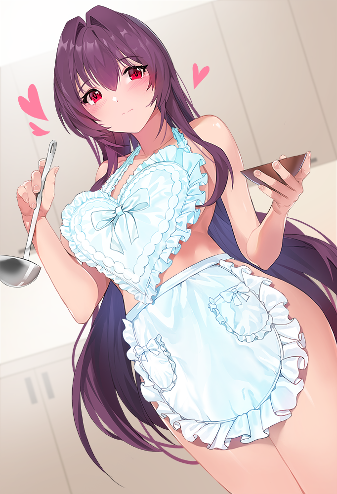1girl apron bangs bare_arms bare_hips bare_shoulders blush bow breasts closed_mouth collarbone commentary cup damda dutch_angle eyebrows_visible_through_hair fate/grand_order fate_(series) frilled_apron frills heart holding holding_cup indoors ladle large_breasts long_hair naked_apron no_bra no_panties no_underwear purple_hair red_eyes scathach_(fate)_(all) scathach_(fate/grand_order) sideboob sidelocks smile solo straight_hair symbol_commentary thighs thighs_together type-moon underboob very_long_hair waist_apron white_apron white_bow