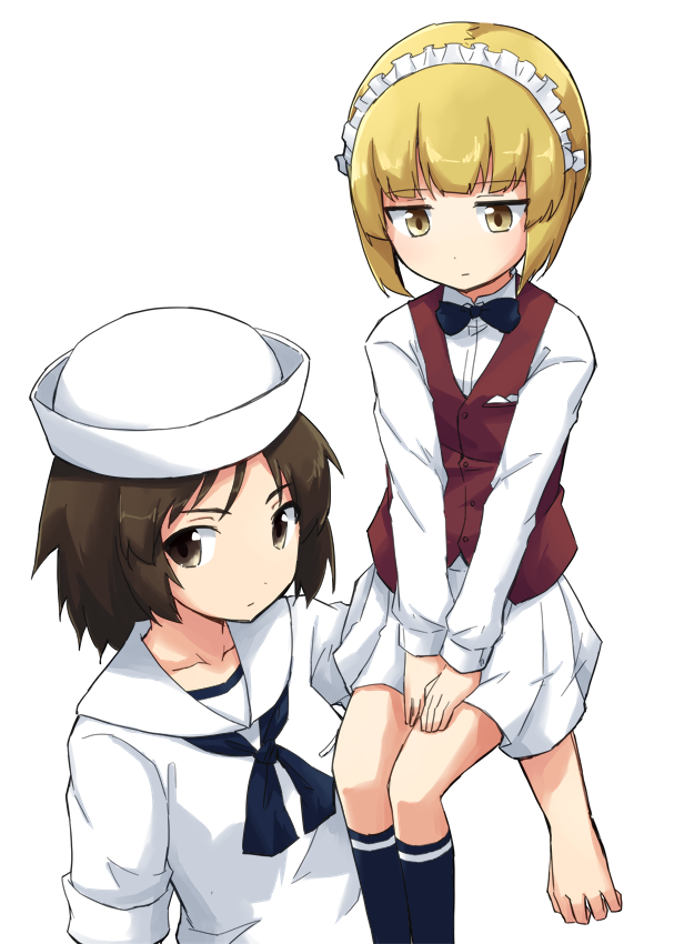 2girls bangs bartender black_eyes black_hair blonde_hair blouse blunt_bangs bow bowtie brown_vest closed_mouth commentary cutlass_(girls_und_panzer) dixie_cup_hat dress_shirt expressionless eyebrows_visible_through_hair girls_und_panzer handkerchief hands_on_lap hat kakizaki_(chou_neji) long_hair long_sleeves looking_back maid_headdress military_hat miniskirt multiple_girls murakami_(girls_und_panzer) navy_blue_legwear navy_blue_neckwear neckerchief ooarai_naval_school_uniform pleated_skirt print_legwear sailor sailor_collar school_uniform shirt short_hair simple_background single_horizontal_stripe sitting_on_arm skirt sleeves_rolled_up socks standing vest white_background white_blouse white_headwear white_shirt white_skirt wing_collar yellow_eyes