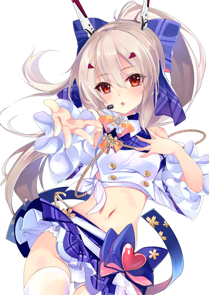 1girl ayanami_(azur_lane) ayanami_(troubled_star_idol)_(azur_lane) azur_lane bangs bare_shoulders blue_skirt blush bow breasts contrapposto cowboy_shot crop_top detached_sleeves eyebrows_visible_through_hair hair_between_eyes hair_bow hair_ornament headgear headset idol long_hair looking_at_viewer midriff music navel outstretched_arm panties plaid plaid_skirt pleated_skirt ponytail red_eyes shirokitsune shirt simple_background singing skirt small_breasts thigh-highs underwear white_background white_legwear white_panties white_shirt