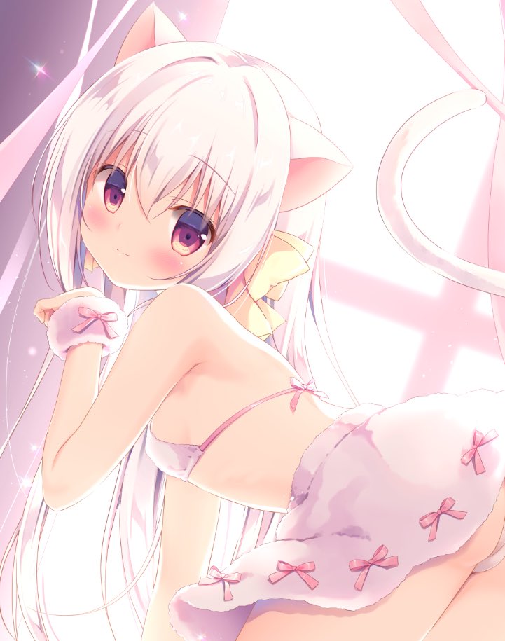 1girl animal_ears backlighting bangs bare_shoulders bent_over bikini blurry blurry_background blush bow cat_ears cat_girl cat_tail closed_mouth commentary_request coron_(canvas+garden) depth_of_field eyebrows_visible_through_hair from_side hair_between_eyes hair_bow kemonomimi_mode long_hair looking_at_viewer looking_to_the_side miyasaka_nako original pink_bow purple_skirt red_eyes skirt smile solo sunlight swimsuit tail tail_raised very_long_hair white_bikini white_hair yellow_bow