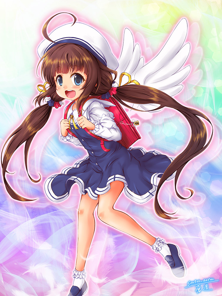 1girl ahoge angel_wings back-to-back backpack bag blue_dress blue_eyes blue_footwear brown_hair child commentary_request dress flat_chest full_body hinatsuru_ai long_hair long_sleeves looking_at_viewer low_twintails randoseru ryuuou_no_oshigoto! short_over_long_sleeves short_sleeves smile socks solo soutou twintails white_headwear white_legwear wings