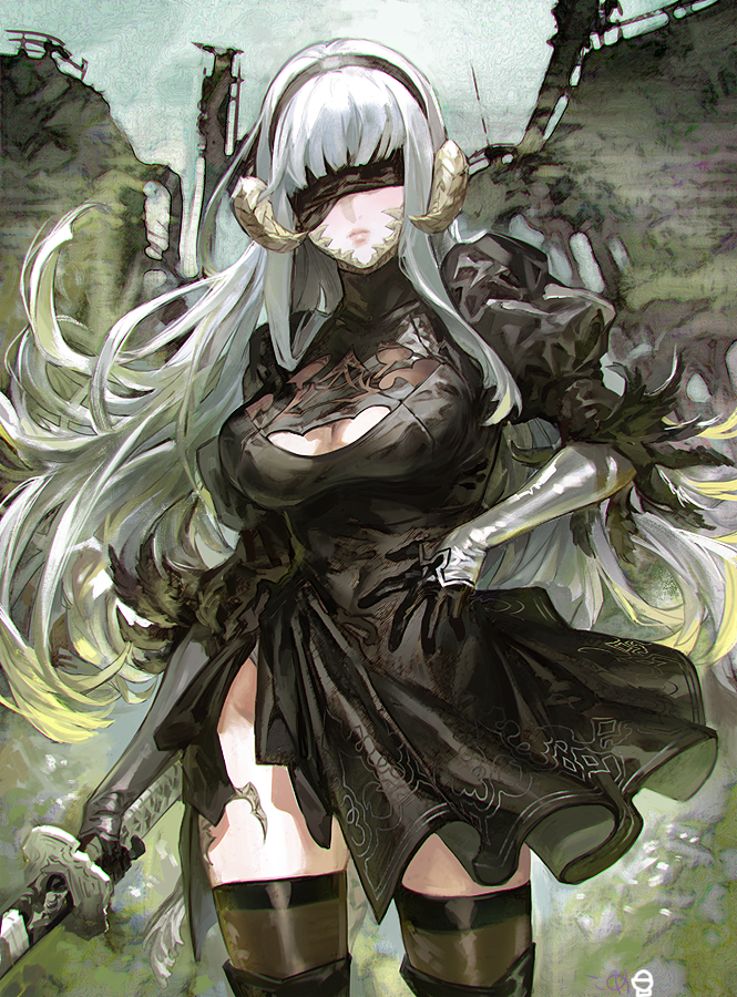 1girl arm_at_side au_ra bangs black_blindfold blindfold blunt_bangs boots breasts center_opening closed_mouth cosplay covered_eyes day dragon_girl dragon_horns dress facing_viewer final_fantasy final_fantasy_xiv floating_hair frischenq gloves grey_hair hairband hand_up highleg holding holding_sheath holding_sword holding_weapon horns lips long_hair medium_breasts nier_(series) nier_automata outdoors puffy_sleeves scales sheath sheathed short_dress silver_gloves solo standing sword thigh-highs thigh_boots turtleneck turtleneck_dress very_long_hair weapon yorha_no._2_type_b yorha_no._2_type_b_(cosplay)