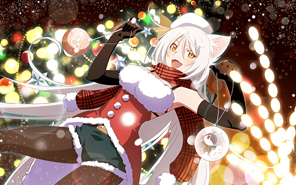 1girl :d animal_ears araragi_koyomi artist_request bakemonogatari black_gloves black_hanekawa breasts cat_ears cat_girl christmas christmas_lights christmas_tree elbow_gloves fang fur_trim gloves hanekawa_tsubasa hat large_breasts long_hair monogatari_(series) monogatari_series_puc_puc official_art open_mouth pantyhose scarf short_shorts shorts slit_pupils smile solo very_long_hair white_hair yellow_eyes