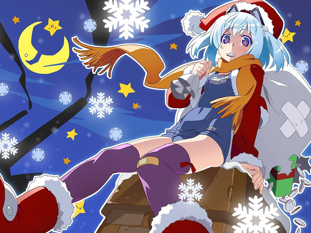 1000-chan animal_ears bag boots cat_ears chimney coin gift hat moon official_art oizumi santa_boots santa_costume santa_hat scarf school_swimsuit smokestack star star-shaped_pupils star_(sky) swimsuit symbol-shaped_pupils thigh-highs twintails watanabe_akio