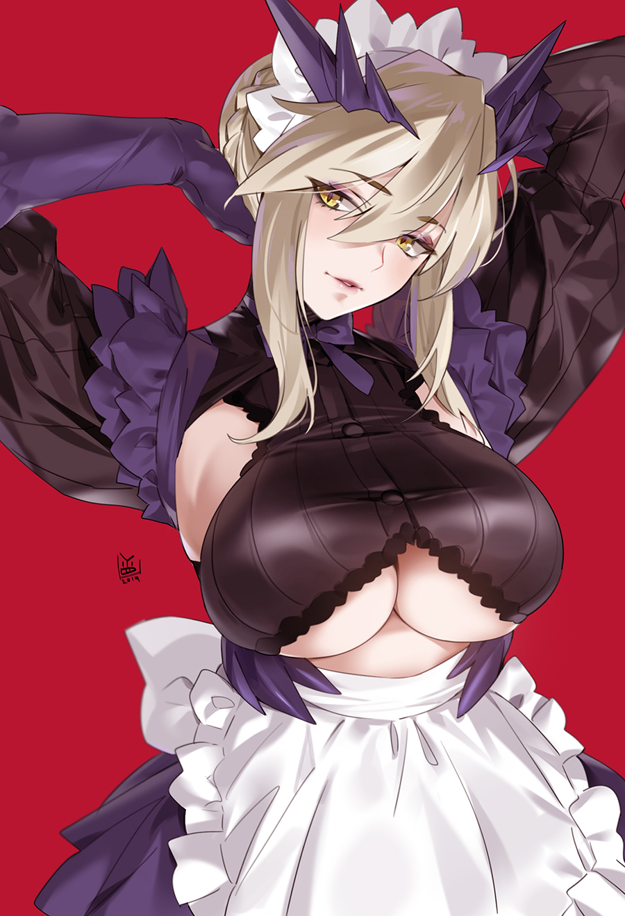 1girl apron armpits arms_up artoria_pendragon_(all) artoria_pendragon_(lancer_alter) bangs black_dress black_gloves blonde_hair blush braid breasts dress fate/grand_order fate_(series) french_braid gloves hair_between_eyes highres horns large_breasts long_hair long_sleeves looking_at_viewer maid_headdress parted_lips puffy_sleeves red_background ribbed_dress sidelocks simple_background slit_pupils smile solo under_boob waist_apron white_apron yang-do yellow_eyes