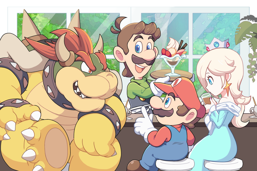 bar_stool bird blue_eyes boots bowser brown_footwear cafe crow cup green_shirt horns light_blue_dress looking_at_another luigi mario super_mario_bros. omochi_(glassheart_0u0) overalls parfait red_eyes red_headwear red_shirt rosalina shirt smile spikes stool teacup tree